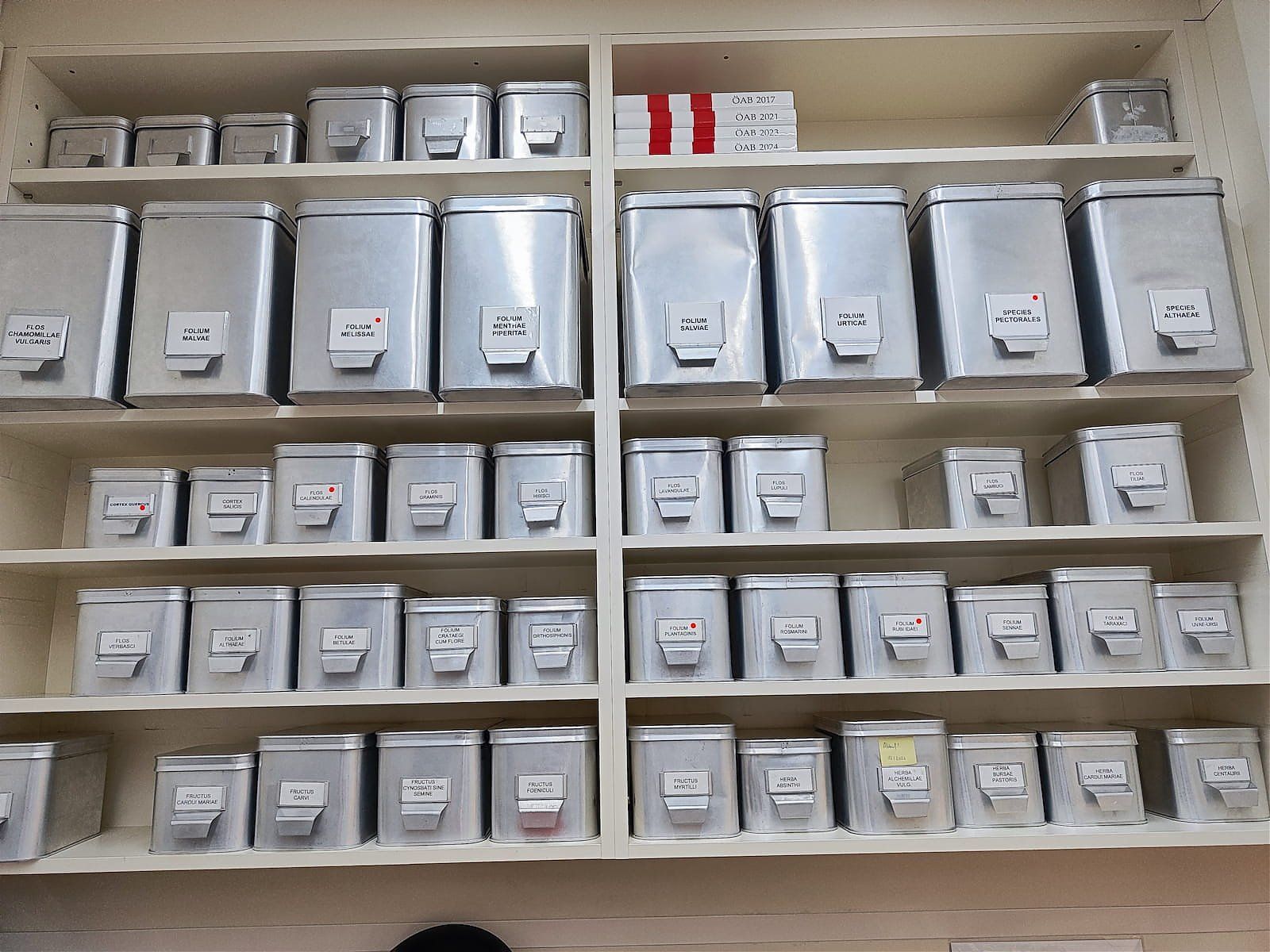 Teedosen im Kräuterregal der Apotheke Regenwald in Wien 1220/Kagran